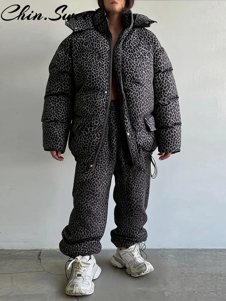 2026 Winter Leopard Print Thicken Coat Pants Women Set Fashion Long Sleeve Zippers Hooded Jacket Wide Leg Trousers Lady Outfit 261016