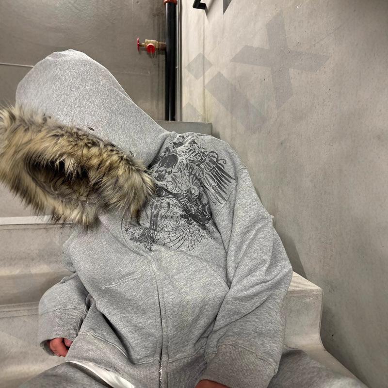 Unisex Fur Trim Hooded Zip Up Sweatshirt Gothic Graphic Print Drop Shoulder Long Sleeve Kangaroo Pocket Oversized Loose Hoodie Jacket