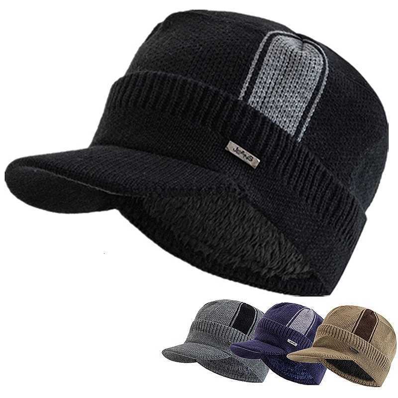 Beanie/Skull Caps Unisex Warm Winter Hat With Brim Plush Fur Lined Beanie Hat JEANS Label Thicken Winter Hats For Men Women Outdoor Knitted Hat Q261