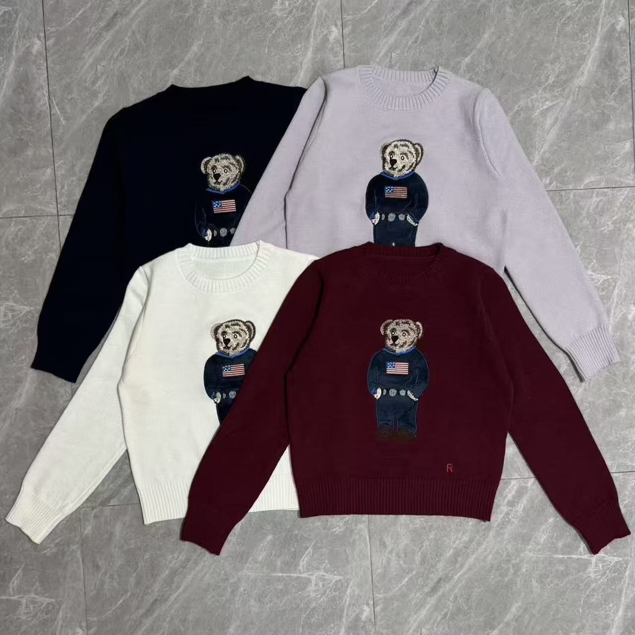 Women Autumn Winter Niche Design Teddy Bear Embroidery Crew Neck Knit Sweater Casual Office Commuter Versatile Stylish Knitted Pullover Tops