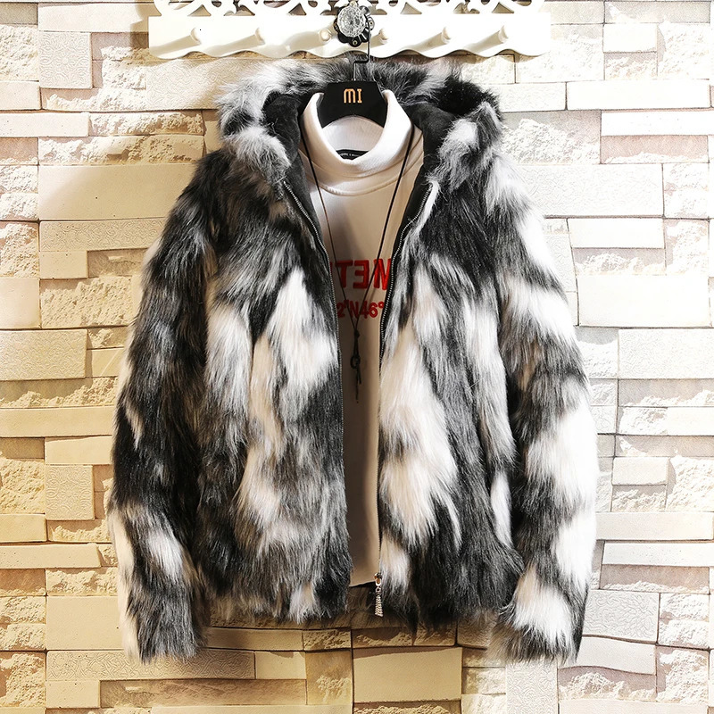Winter Men's Plush Thick Coat 2025 Fashion Trend Hooded Faux Fur Jacket Hiphop Slim Fit Casual Size 5XLM 261008