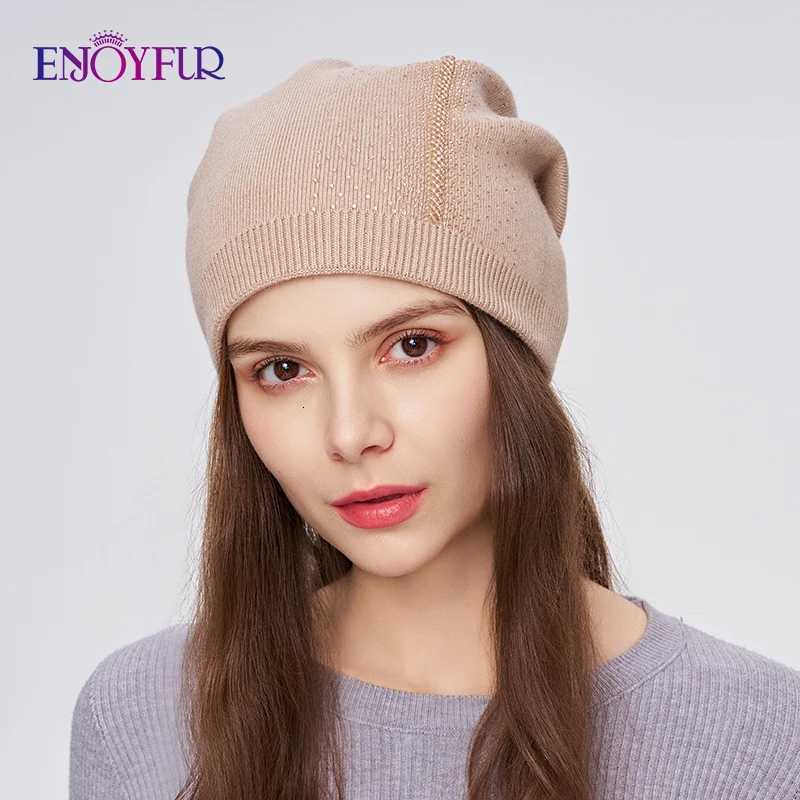 Beanie/Skull Caps ENJOYFUR Women Winter Wool Knit Beanie Hat With Rhinestone Thick Warm Double Layer Fashion Skull Bonnet CapT261017