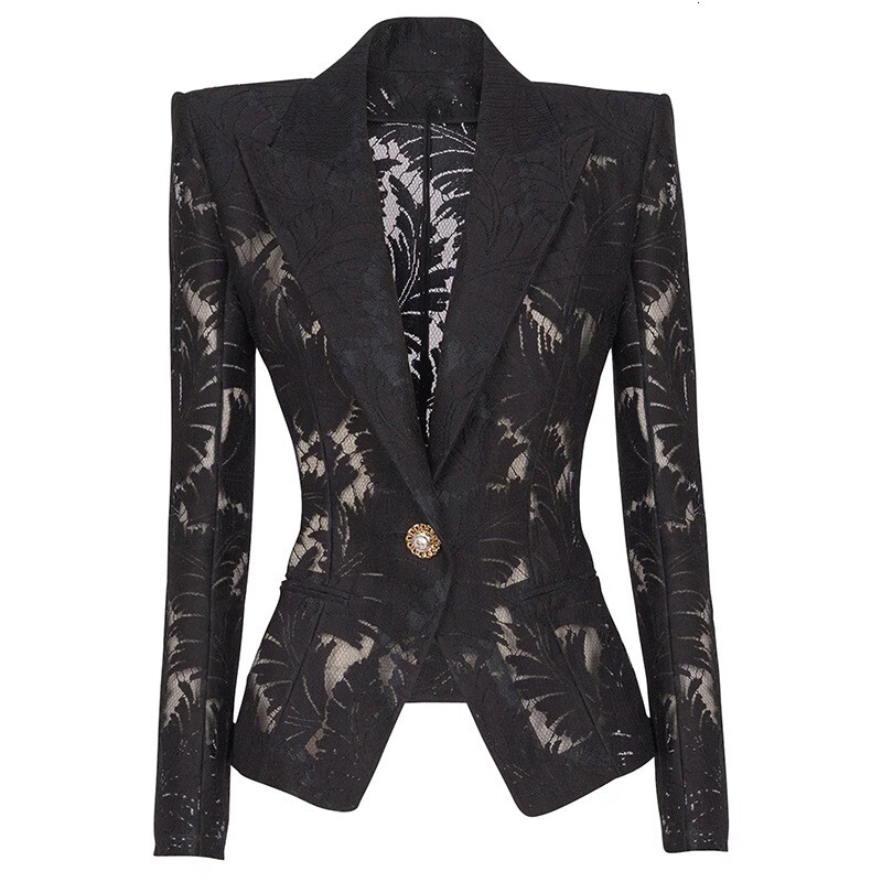 HIGH STREET Newest Classic Designer Jacket Women's Slim Fitting Single Button Embroidered Mesh Blazer