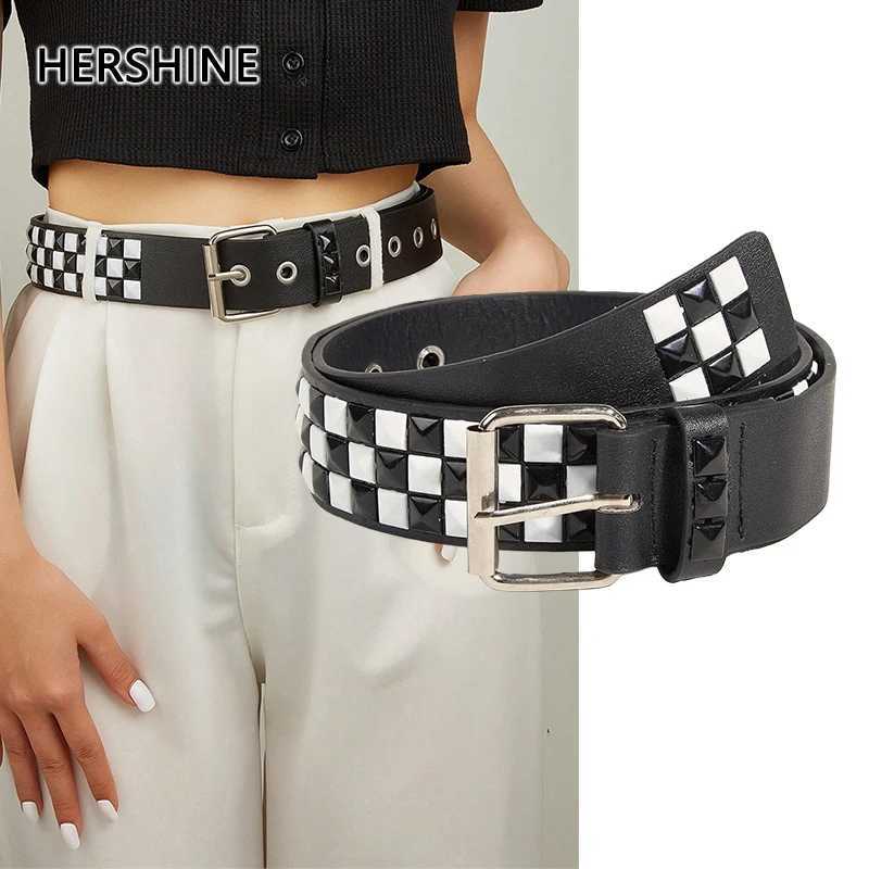 HERSHINE 1-piece stylish black and white checkered leather belt unisex Y2K gothic punk rock hip-hop accessoryspringsummer S261017XURD