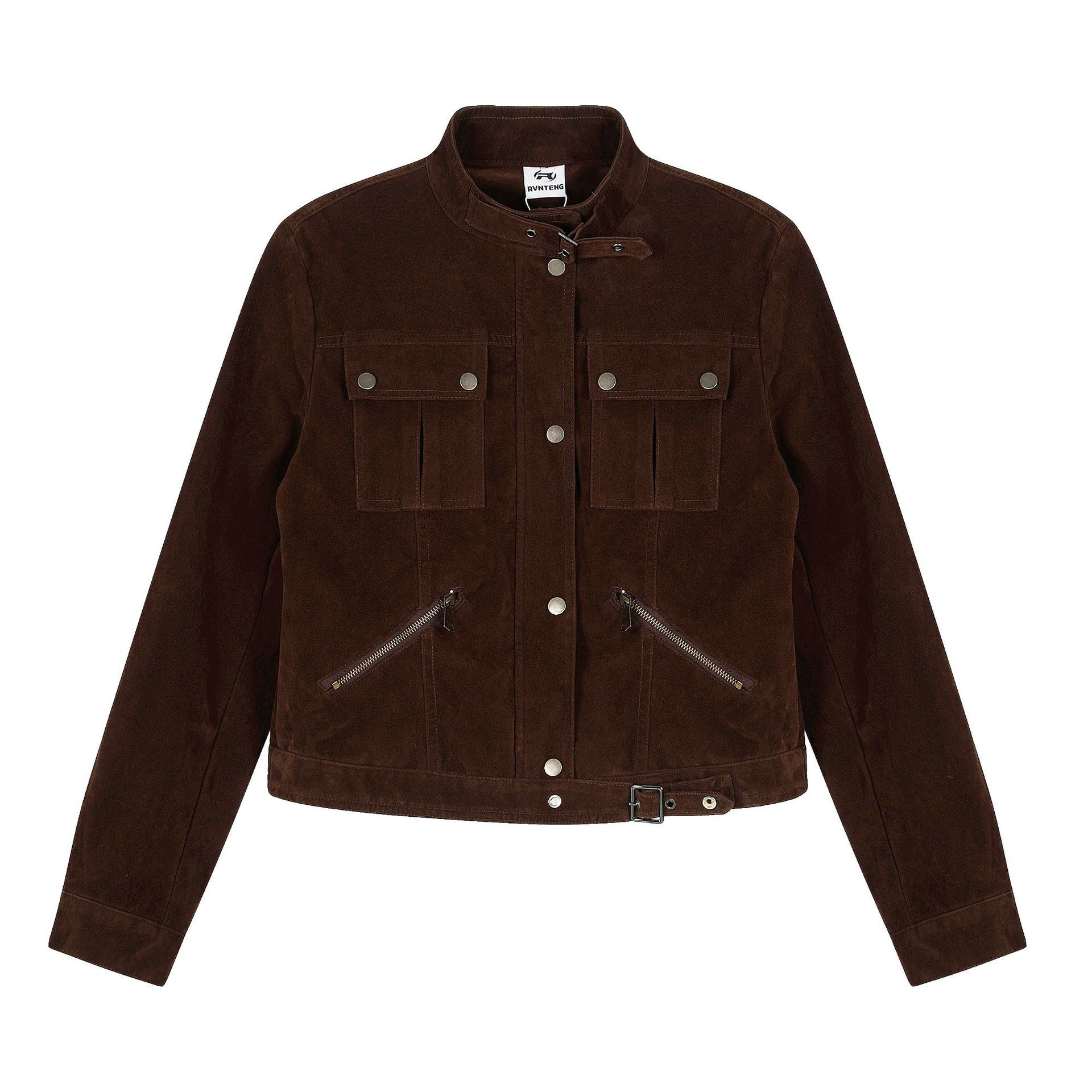 American-Style Retro Suede Leather Stand-Up Motorcycle Jacket For Women, Loose-Fitting And Slimming, As A Blouse
