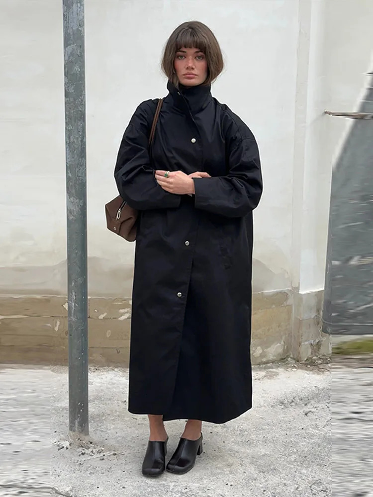 Street Solid Stand Collar Long Women's Trench Coat Loose Full Sleeved Single Breasted Pocket Windbreaker 2026 Autumn Lady Coats 261015