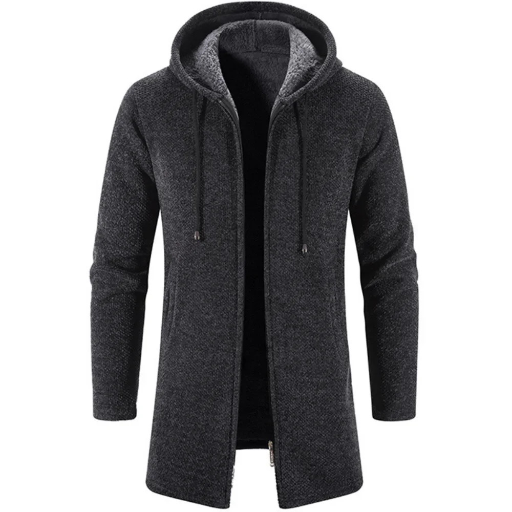 Autumn And Winter Men's Zipper Hooded Cardigan Sweater Coat Warm Medium Long Cardigan Casual Solid Color Knitted Sweatercoat 261015