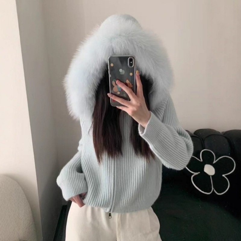 KN hooded detachable large fur collar knitted cardigan 2026 autumn and winter new design women's soft and fluffy sweater coat 3