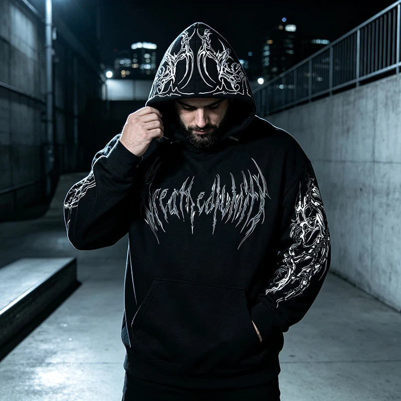 Men Alt Gothic Pullover Hoodie Y2k High Street American Style Dark Thorn Print Fleece Lined Loose Biker Fall Winter Sweatshirt 261013