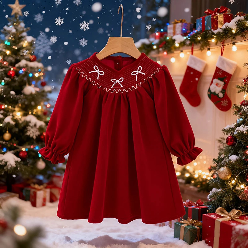 Christmas Party Dress Baby Girl Bow Princess Ruffle Finish Dress Fashion Christmas Holiday Autumn Winter Wear Kids Girl Dress261016