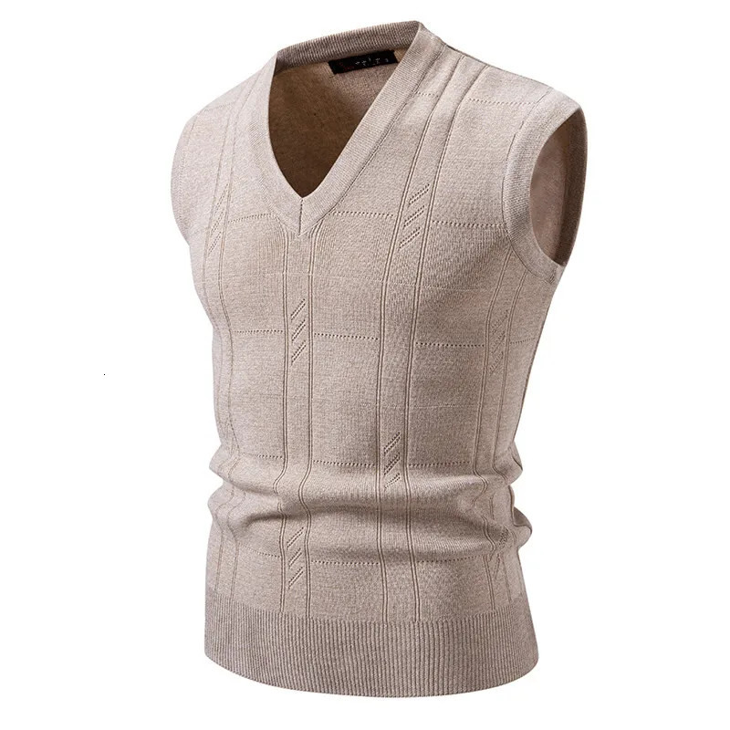 Men's V-Neck Knit Sleeveless Vests Solid Color Pullover Knitted Waistcoat Men Smart Casual Sweater Tank Tops Streetwear Tops 261015