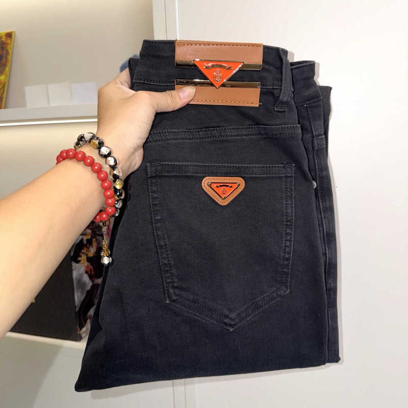 Men's Jeans designer Brand European-style all-season men jeans, slim-fit straight-leg, stretchy, black, washed, casual long pants KNES