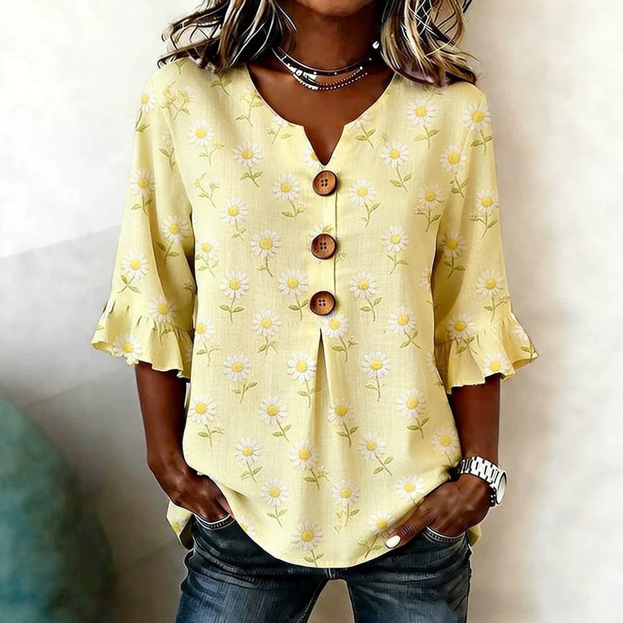 2026 Temu New Women's Retro Art Print V-Neck Lotus Edge Button T-Shirt Top Free Shipping
