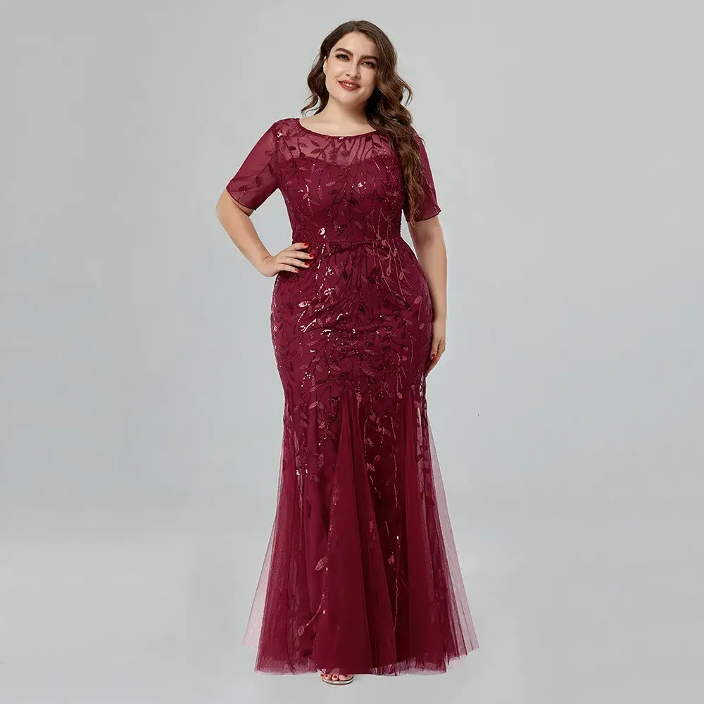 bodycon Urban Sexy Dress Party Dresse Plus Size Sequin Mesh Embroidery Mermaid Evening Formal Short Sleeve Elegant Prom Gowns Long Women