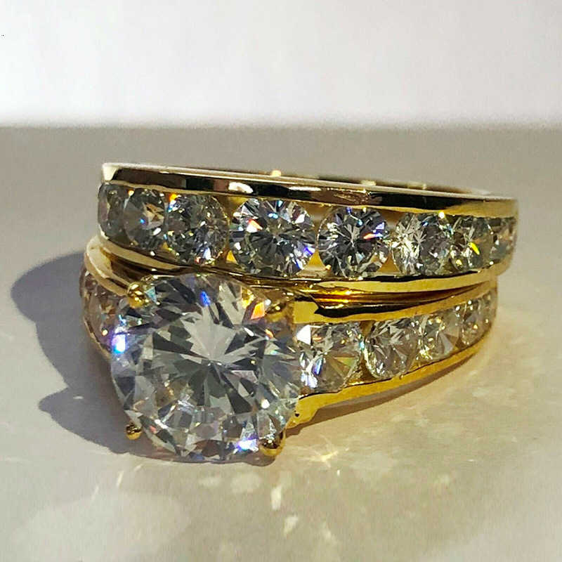 Huitan Cross-Border Foreign Trade New Ring Set, Luxurious Wedding Gold-Plated, Fully Diamond-Encrusted Cubic Zirconia Couple Rings, European And Ame