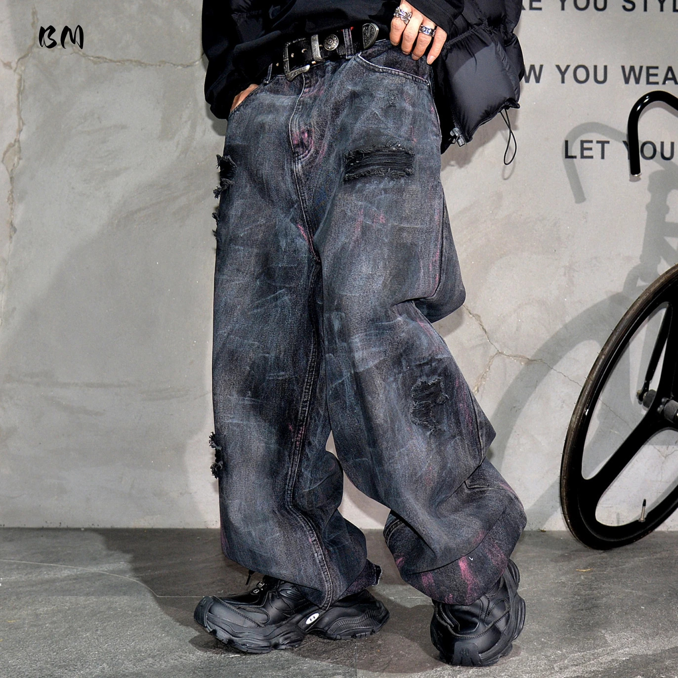 Mens Washed Jeans Distressed Denim Pants Splash Print Loose Straight Leg American Hip Hop Stacked Streetwear High Quality 261017