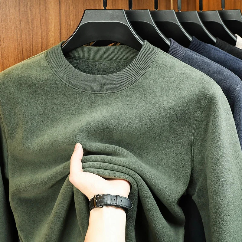 Autumn and Winter Mens Velvet Hoodie Long Sleeve Round Neck Solid Color Fashion Casual Versatile Top 261016