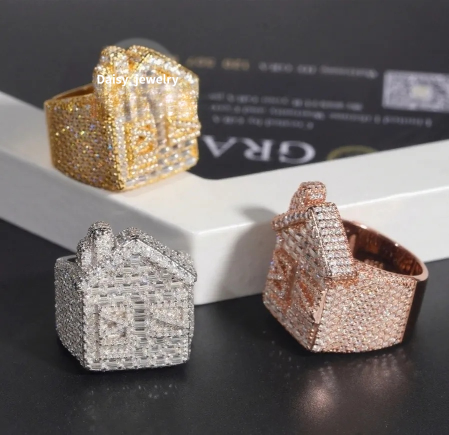 Hip Hop VVS D Color Moissanite Bling Mens Cluster Trap House Ring With 925 Sterling Silver Pass Diamond Tester GRA