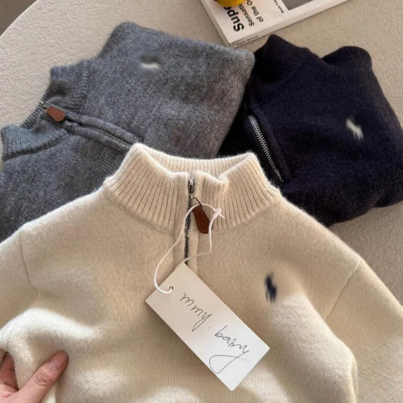 Designer Kids Sweater Pullover - Boys Girls Toddler Embroidery Half-High Neck Thickened Warm Zip-Up Knit Top Winter Fall aaa