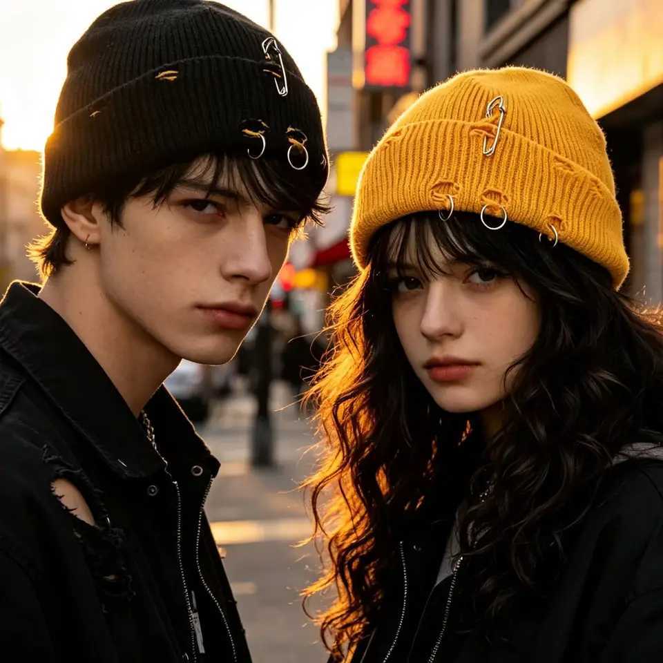Beanie/Skull Caps Women Girls Y2k Gothic Beanie Winter Knit Hats Trendy Metal Rings Pin Hip Hop Streetwear Harajuku Skull Cap Emo Scene GrungeT26101