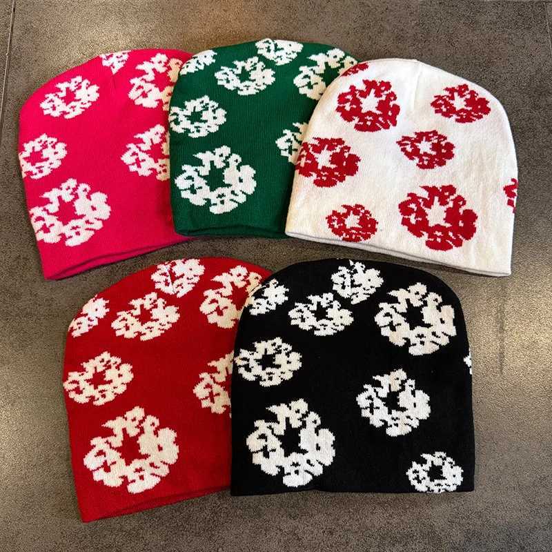 Beanie/Skull Caps Personality Flower Pattern Beanie Women Winter Outdoor Ski Cap Goth Y2K Wool Hat Knitted Jacquard Elastic Pullover Cap UnisexT2610