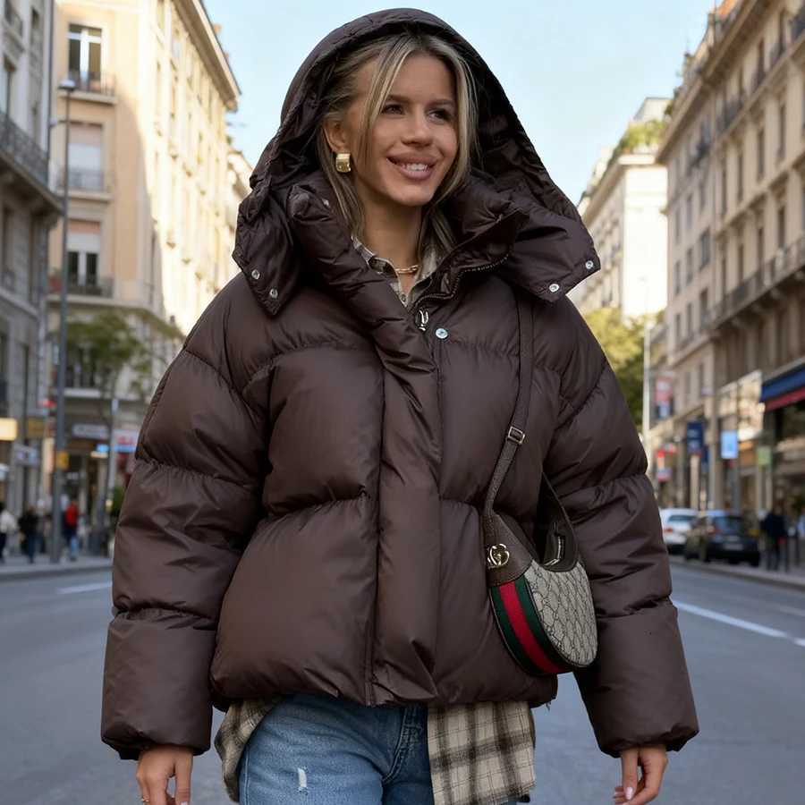 Women's Down Parkas Women's Winter Cotton Padded Jacket New Adjustable Hooded Casual Short Coat Brown Full Sleeve Warm Puffer-cotton Outer