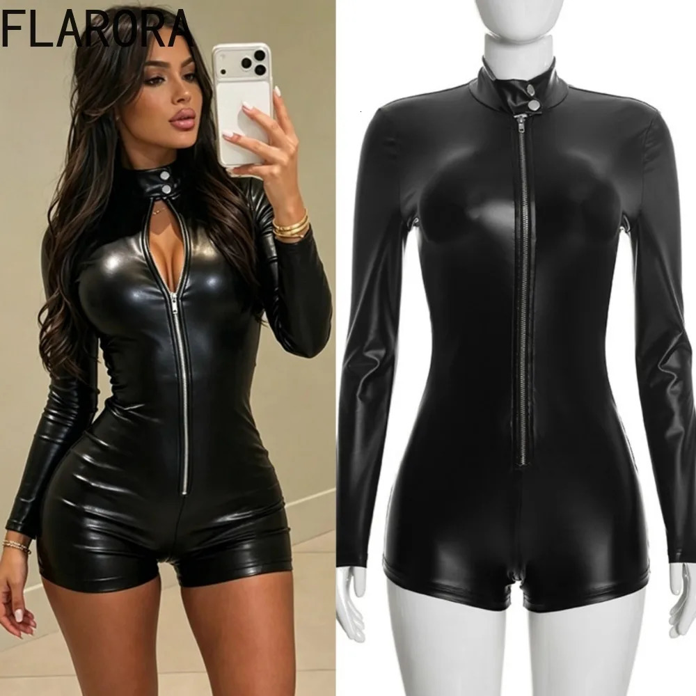FLARORA Sexy Pu Leather Rompers Woman Stand Collar Full Sleeve Zip Skinny Peach Hip Playsuits Girl Midnight Party Clubwear 261016