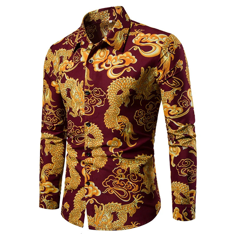 Mens Chinese Style Dragon Print Cardigan Shirt Top - Casual Long Sleeve Fashion-forward Cultural Fusion Clothing 261015