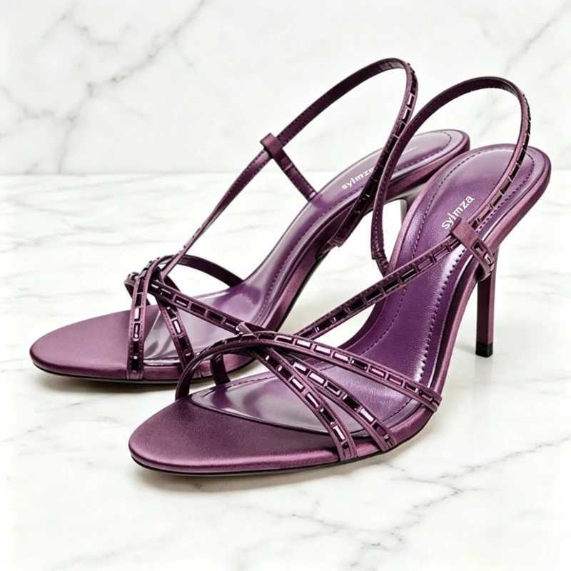 Purple Rhinestone Detail Heeled Sandals Women Sexy Open-toe Cross Tied Slingback Heels Fashion Round-toe Stiletto Designer Shoes Q261015