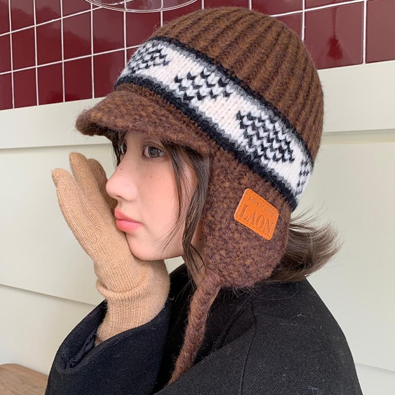 Winter New Retro Jacquard Knitted Earflap Hat for Women Cycling Skiing ColdProof Warm Knit Head Wrap Hat Trendy