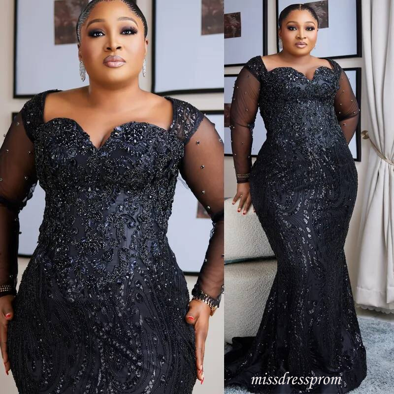 Plus Size Black Mermaid Prom Dress Evening Dresses Formal Gowns Sweetheart Pearls Illusion Beaded Lace Crystals Birthday Second Reception Gown Am391
