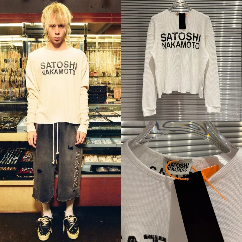 White Basic Satoshi Nakamoto Long Sleeved Tshirts Men Women Fashion Versatile Trendy Printed Loose Casual Waffle Tops Tees 261016