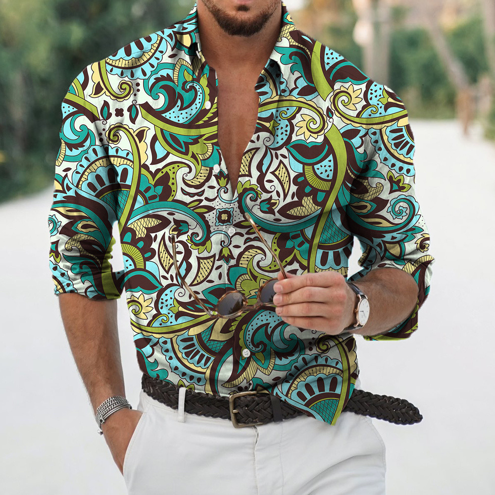 2026 E-Commerce New European Size Letter-Printed Long-Sleeve Floral Shirt Men's Clothing Free Shipping