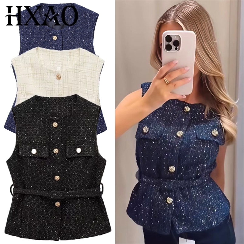 HXAO Womens Vest Summer Blue Off White Black Vest Textured Waistcoat Woman Button Sleeveless Vest Women Fashion Outerwears 261016