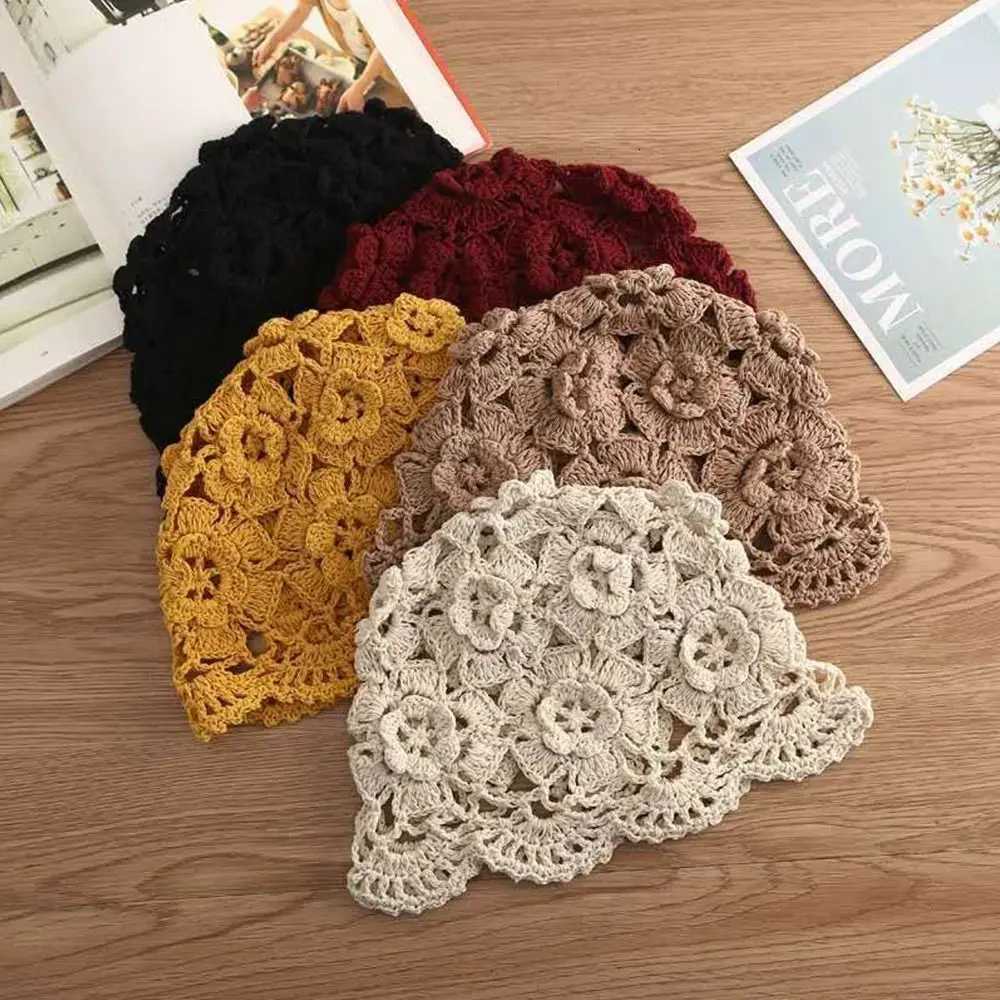 Beanie/Skull Caps Breathable Hollowed Out Baotou Hat Casual Handmade Knitted Hat Flowers Spring Summer Cap for Women Q261017