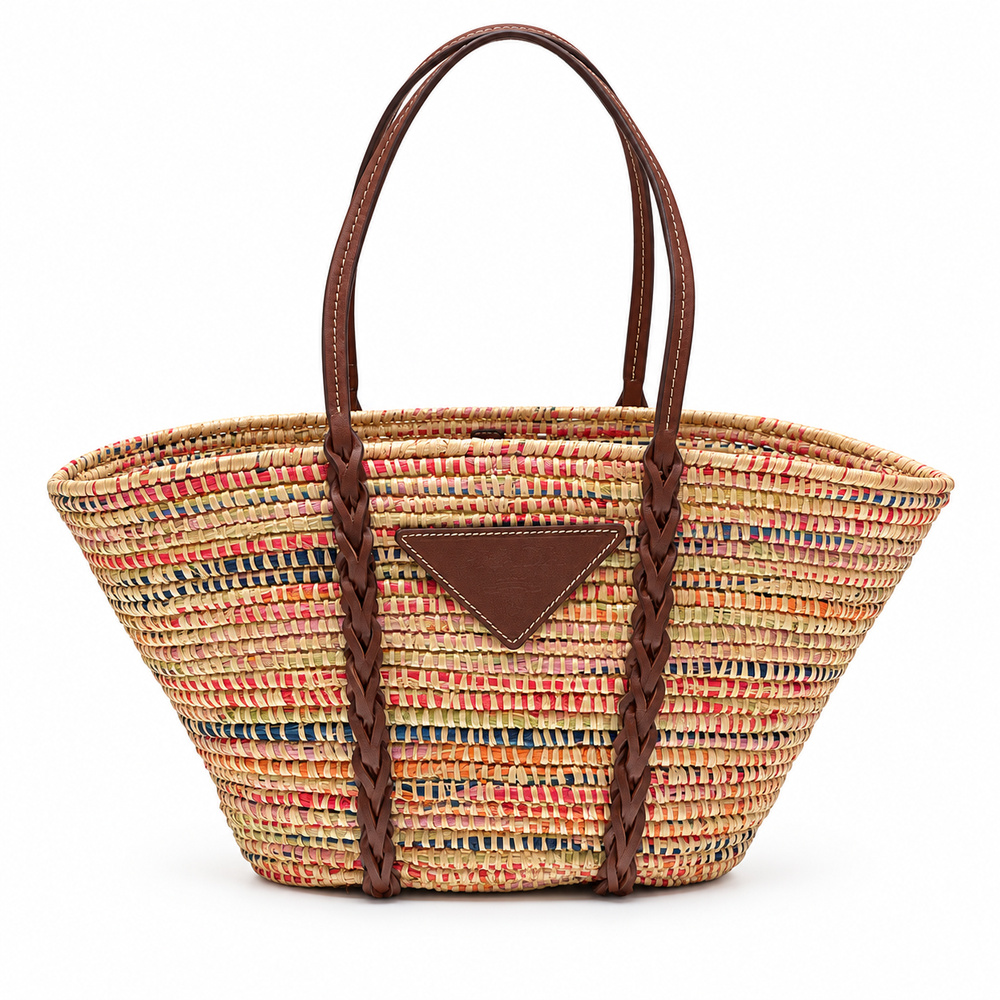 Woven Raffia Basket Tote Bag Leather Handles Wide Opening Roomy Bohemian Chic for Summer Travel Top-Tier Designer New Arrival
