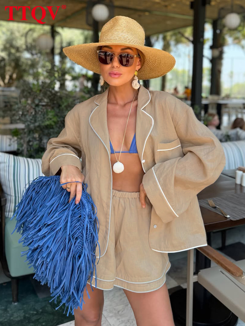2026 Casual Loose Khaki Cotton Two Pieces Outfits Woman 2027 Elegant Long Sleeve Shirt With High Waist Shorts Set Female Clothes