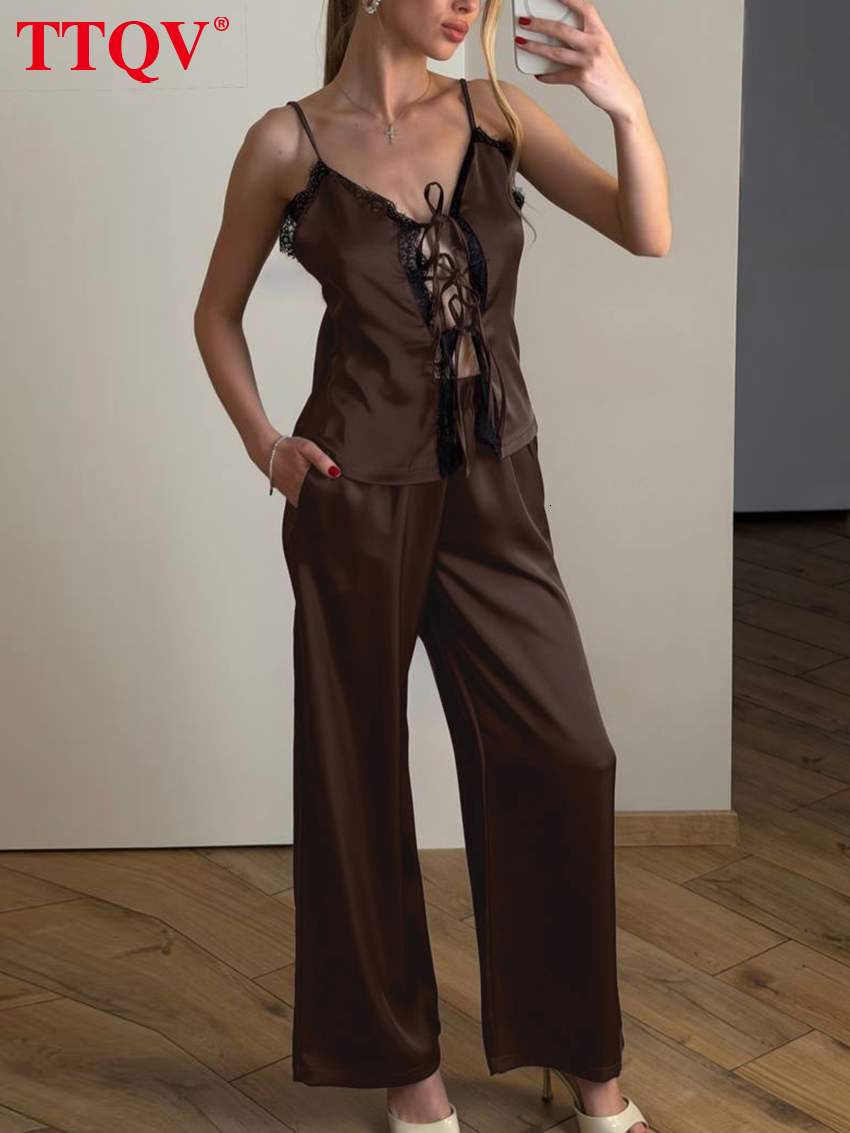 2026 Summer Loose Brown Satin Home Women's 2-Piece Sets 2027 Sexy Sleeveless Tank Top With High Waist Wide Pants Set Female