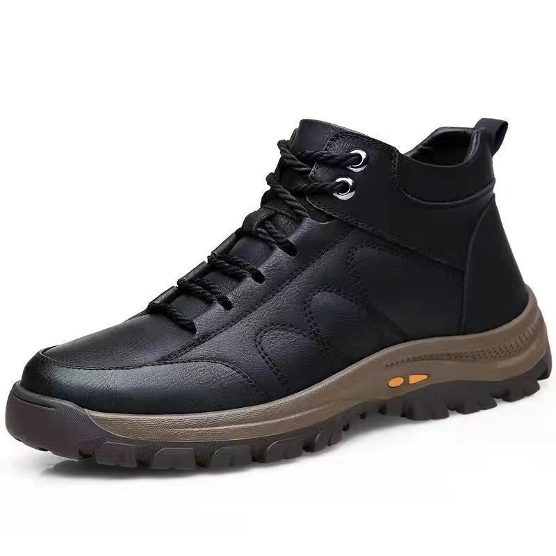 Men's Winter Warm Fur Lined Leather Boots High Top Hiking Sneakers Outdoor Casual Shoes