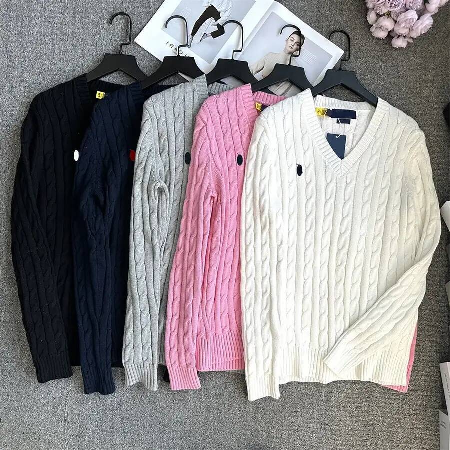 RL Women's Sweater Designer Sweater with Embroidery Classic Pony Retro Gray V Neck Cable Knit Sweater with Twisted Cable Embroidery Wool Knit S