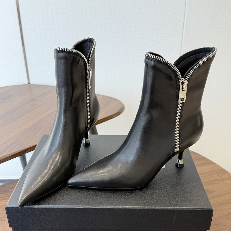 Bottes courtes décoratives à talons hauts et pointues pour femmes de 65 mm en cuir véritable, polyvalentes pour l'automne et l'hiver, bottines à