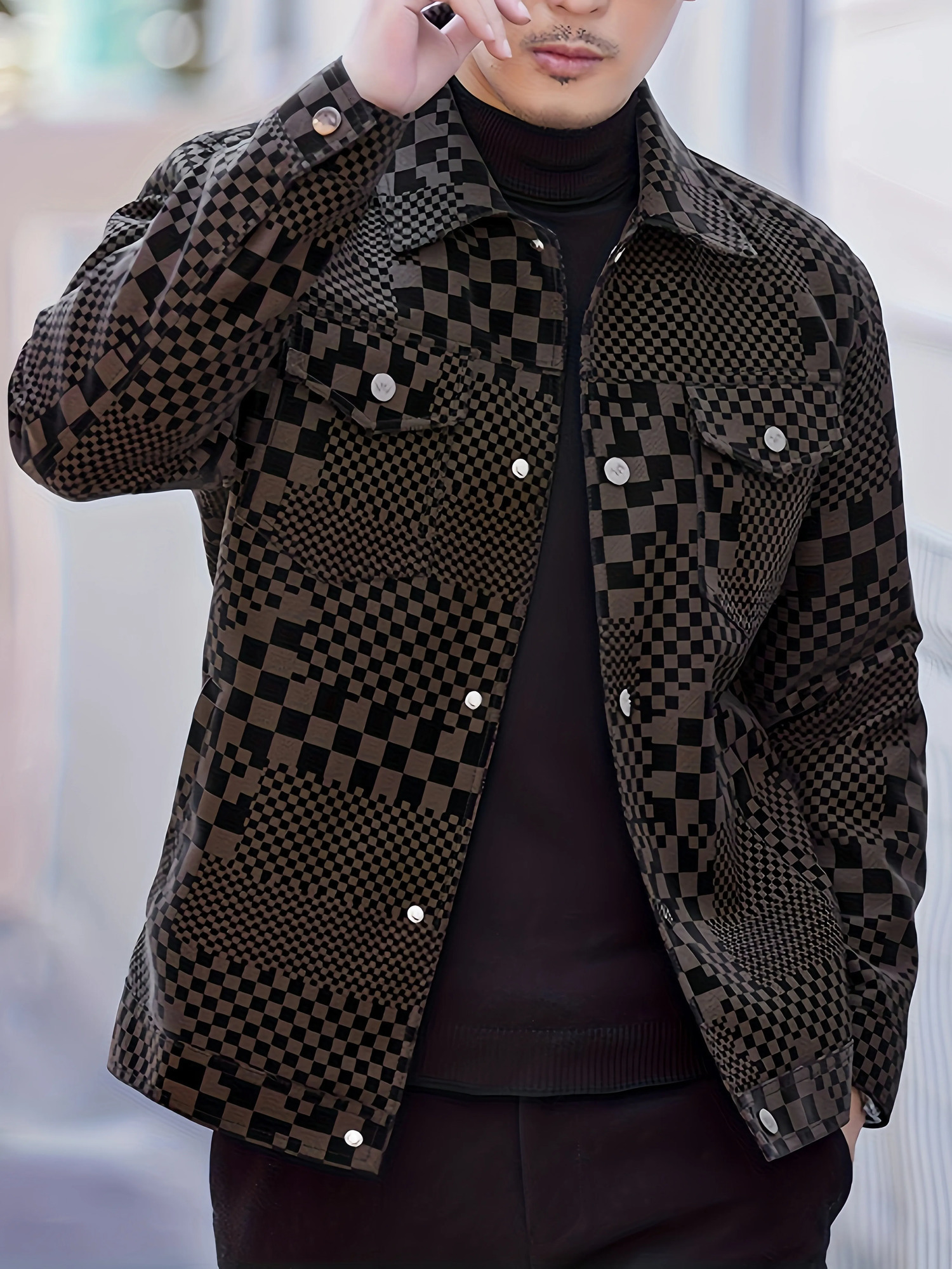 Mens Casual Checkerboard Jacket with Lapel Collar Long Sleeves and Front Pockets Warm FleeceLined Outerwear for Fall Winter 261016