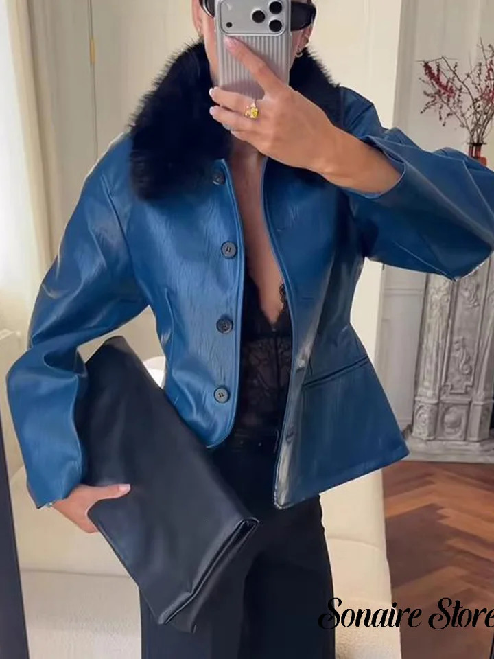 Blue Pu Leather Faux Fur Collar Single Button Fitted Jackets Vintage Long Sleeve Pocket Outerwear Autumn Party Y2K Coats 261016