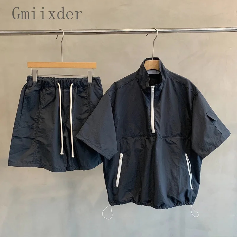 Korean Summer Top Suit Japanese Style SS Retro High-end Casual Oversized Cargo Suit Short-sleeved Shorts Men Aesthetic 261012