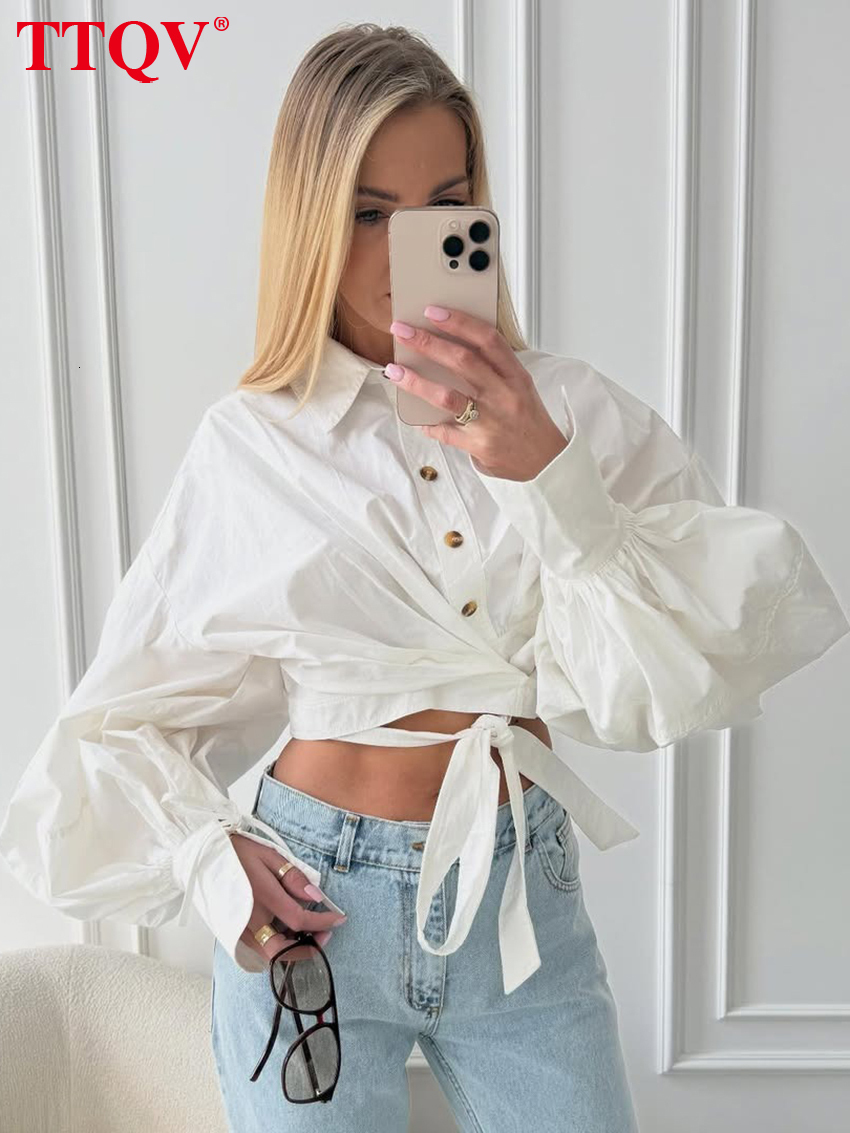 Fashion Loose White Cotton Women's Shirt 2026 Autumn Lapel Long Sleeve Lady Blouse Elegant Classic Lace-Up Crop Top Female