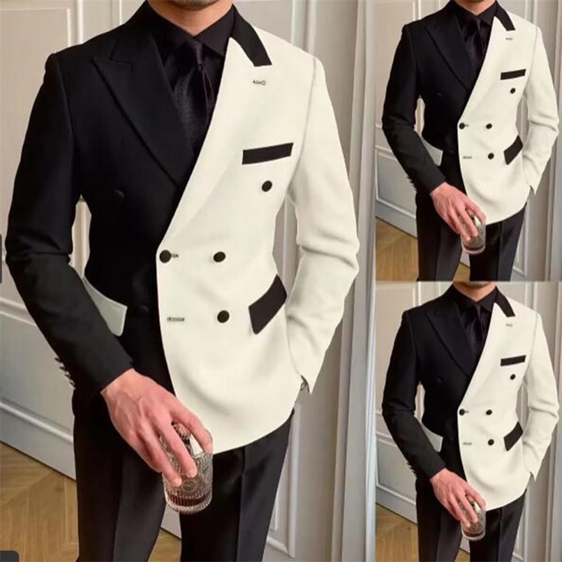 Elegant Black White Men Suit Slim Fit Lapel Double Breasted 2 Piece Formal Groom Wedding Tuxedos BlazerPants Costume Homme 260930