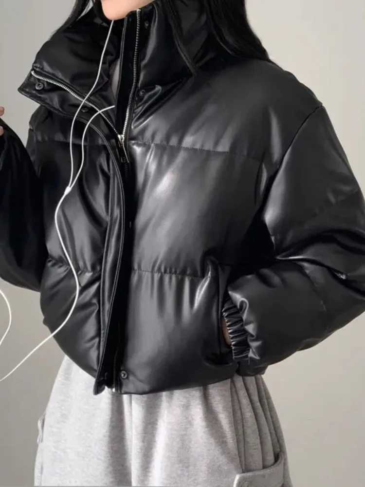 Women's Down Parkas Chic Winter Thiened High Collar Zipper ort PU Leather Bread Sle Cotton Jaet Women's Faionable Versatile Loose Fit Coat