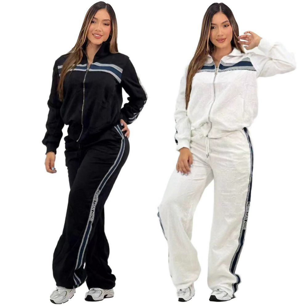High Quality Women 2 Piece Tracksuit Textured Fabric Stand Collar Full Zip Jacket Side Striped Wide Leg Pants Premium Casual Sport Matching Outfit