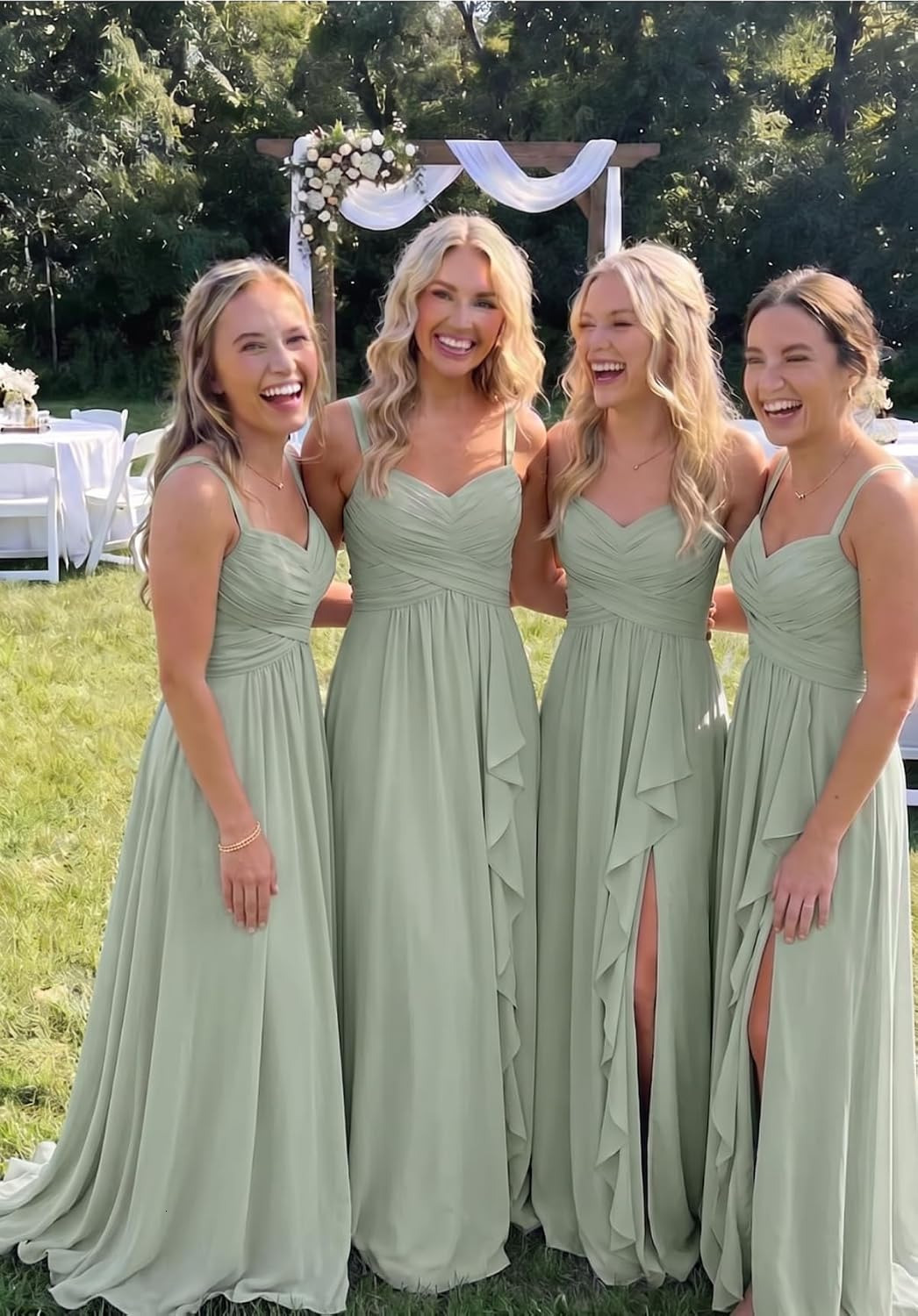 Sage Green Chiffon Bridesmaid Dresses Long Evening Formal Gowns with Slit Straps Sleeveless Ruched Pleated A-line Flowy Formal Wedding Guest Dresses