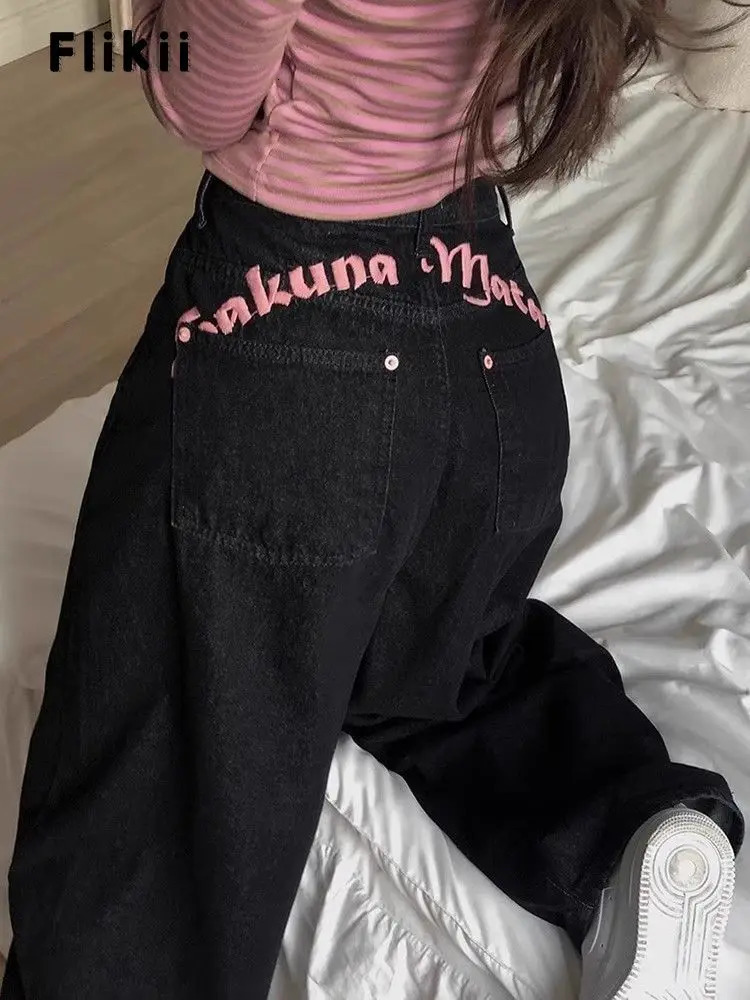 Women's Sweet Casual Full Length Baggy Denim Trouser Retro Emo Harajuku Loose Jeans Letter Embroidery High Waist Y2K 2000s Pants 261013